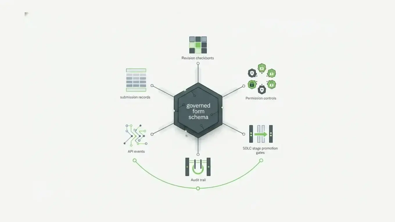 Audit trail software connecting form schema submission records APIs permissions and stage promotion