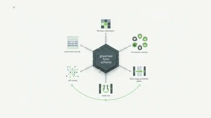 Audit trail software connecting form schema submission records APIs permissions and stage promotion