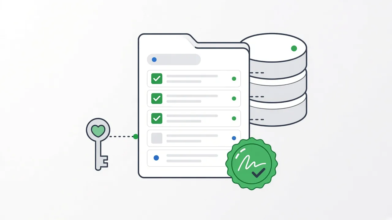 Digital signature vs electronic signature concept showing a signed data record with a green seal and key