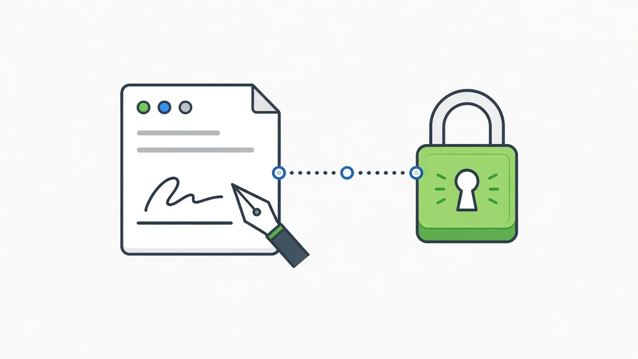 Digital signature vs electronic signature illustrated as a signature stroke and pen nib linked to a green padlock