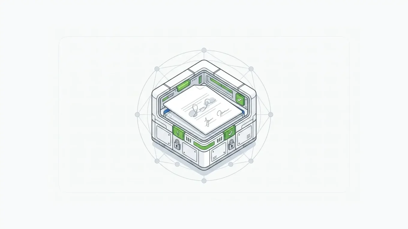 A centered vector illustration of secure self-hosted e signature software with a private signing vault and green verification accents.