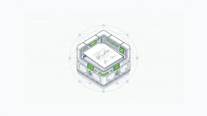 A centered vector illustration of secure self-hosted e signature software with a private signing vault and green verification accents.