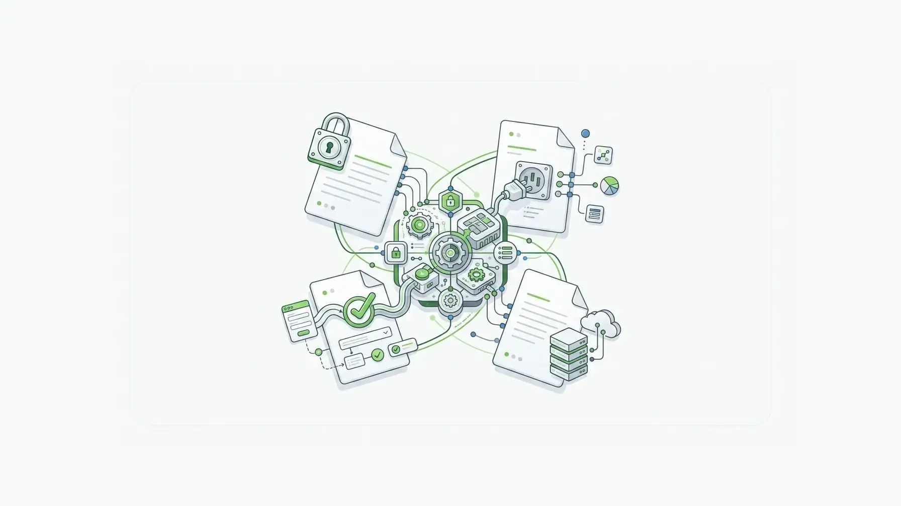 A comparison hub illustration for choosing e signature software across security, integrations, approvals, and self-hosted deployment needs.