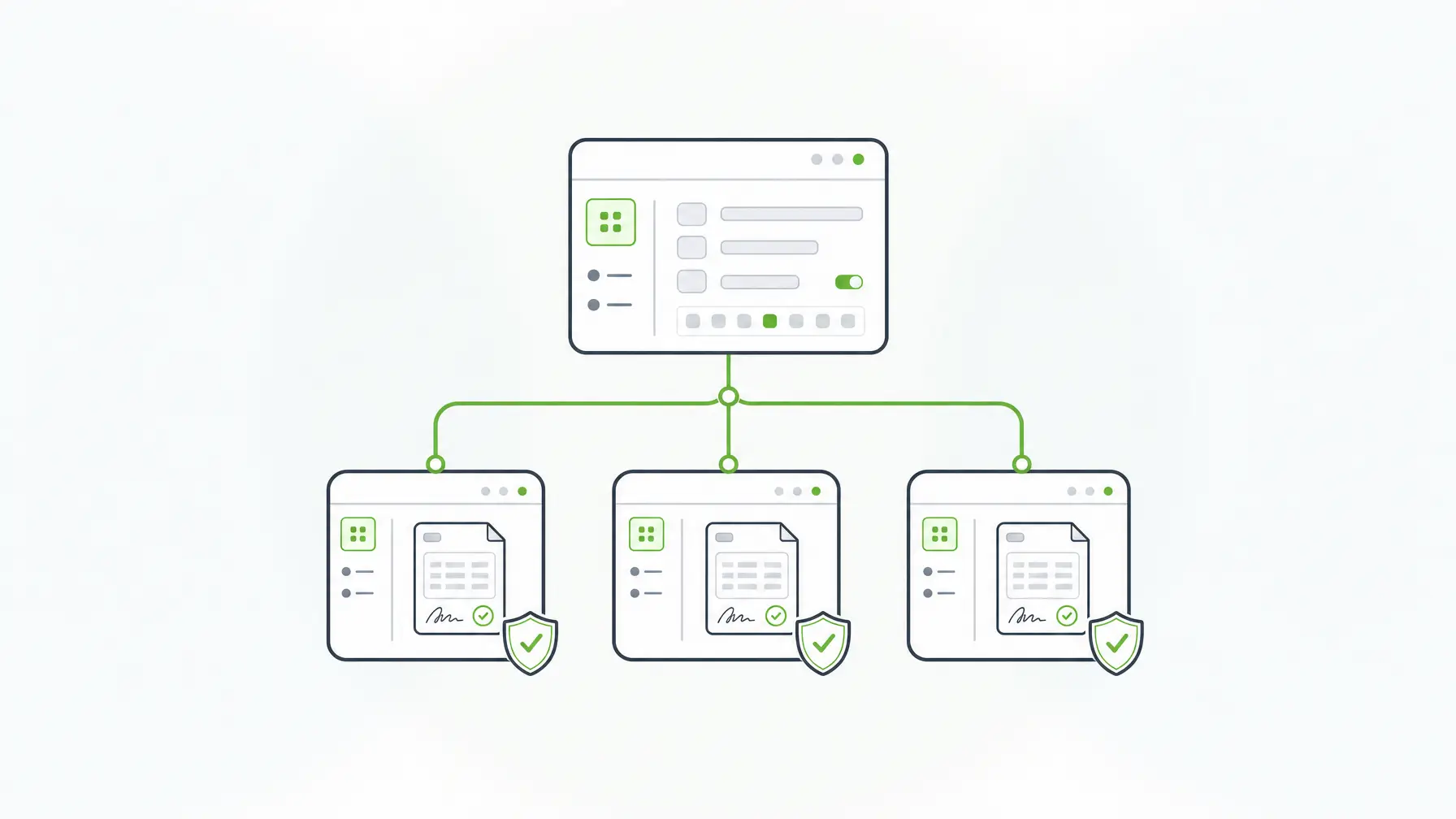 Multi-tenant electronic signature API with one template feeding three isolated tenants, each with its own signed records