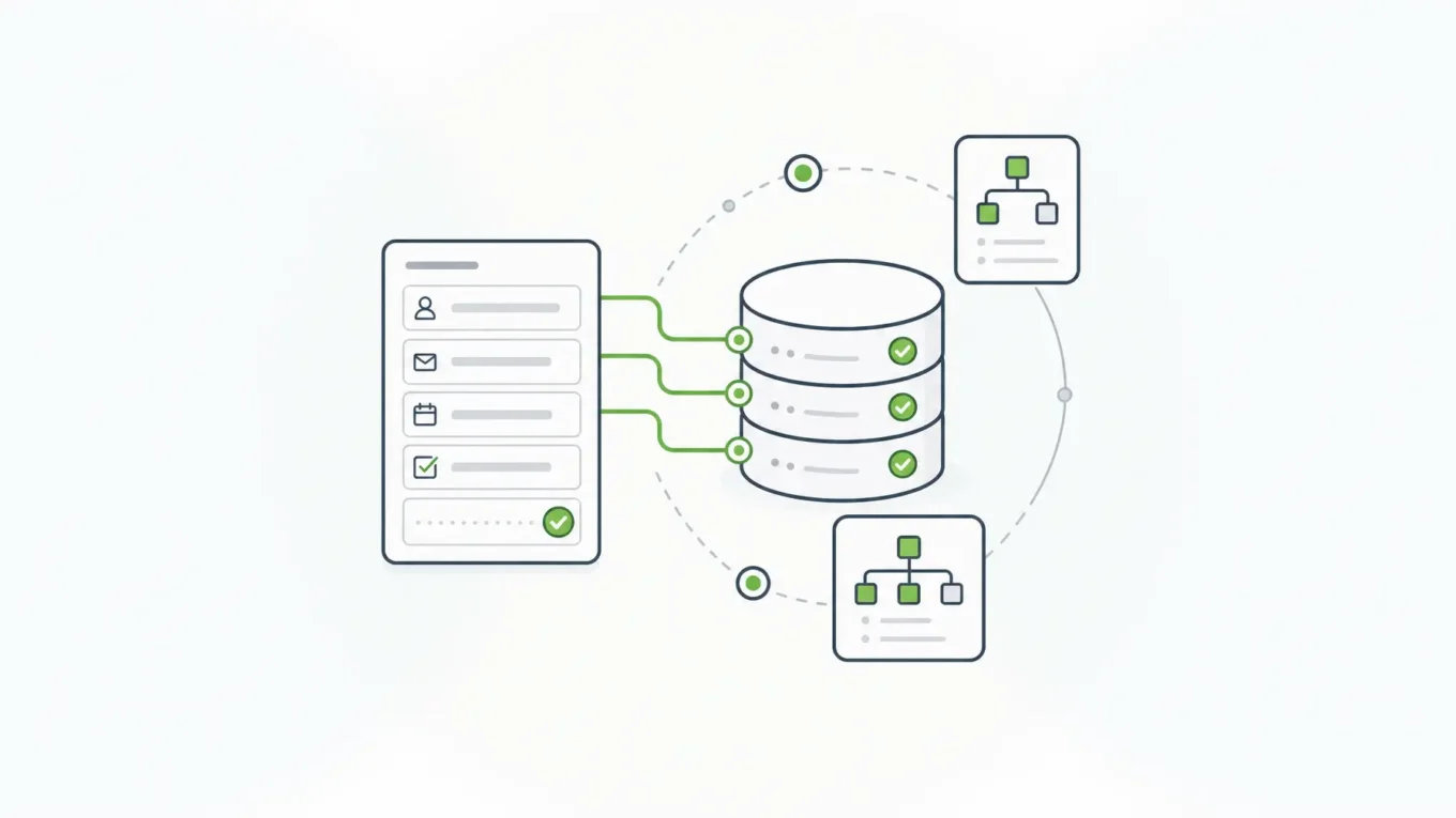 Form database illustration showing a form card feeding structured submission records into a database