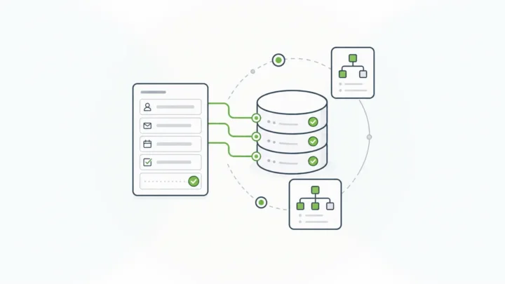 Form database illustration showing a form card feeding structured submission records into a database