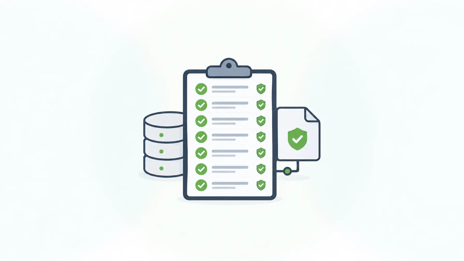 Seven-point form database checklist covering schema binding, validation, history, access, encryption, APIs, and retention