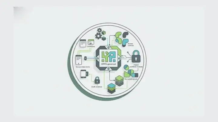hipaa compliant form builder: HIPAA-compliant form builder infrastructure connecting secure forms, APIs, audit logs, and healthcare SaaS systems.