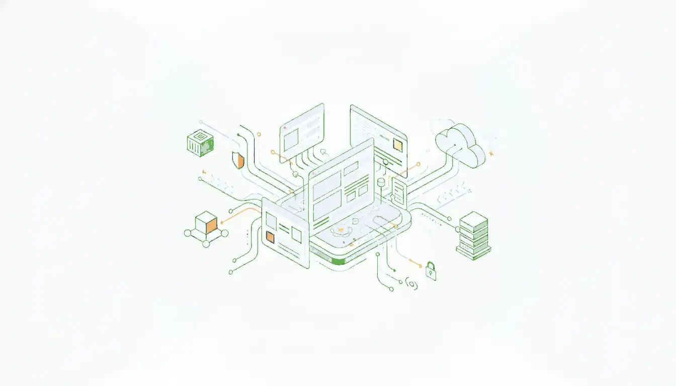 Editorial illustration of an embedded form-building module connected to APIs, workflow routing, and enterprise infrastructure.