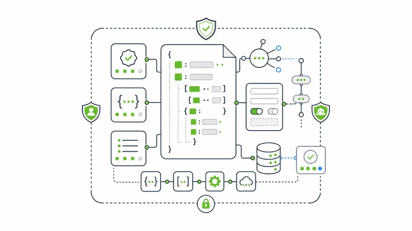 JSON Schema validator toolchain showing schema, validation, API contract, form generation, and governed infrastructure layers.