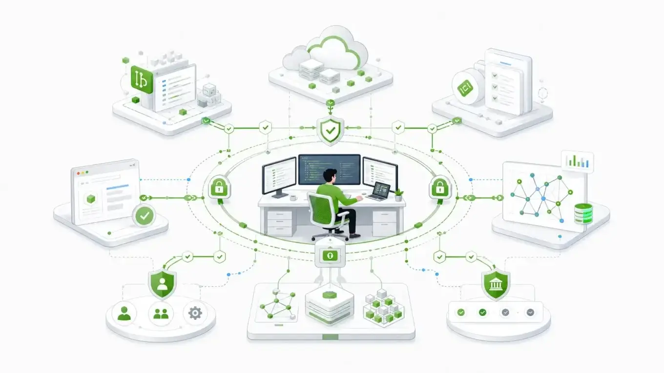 MCP server list for regulated enterprise developers showing governed connections to code, cloud, tickets, browser testing, observability, and Form.io schemas.