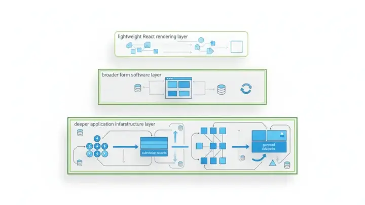 React JSON schema form options shown as renderer, form software, and application infrastructure layers.