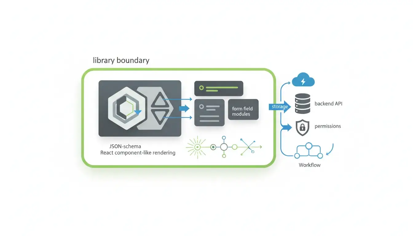 RJSF-style React component rendering JSON Schema while APIs and storage remain application-owned.