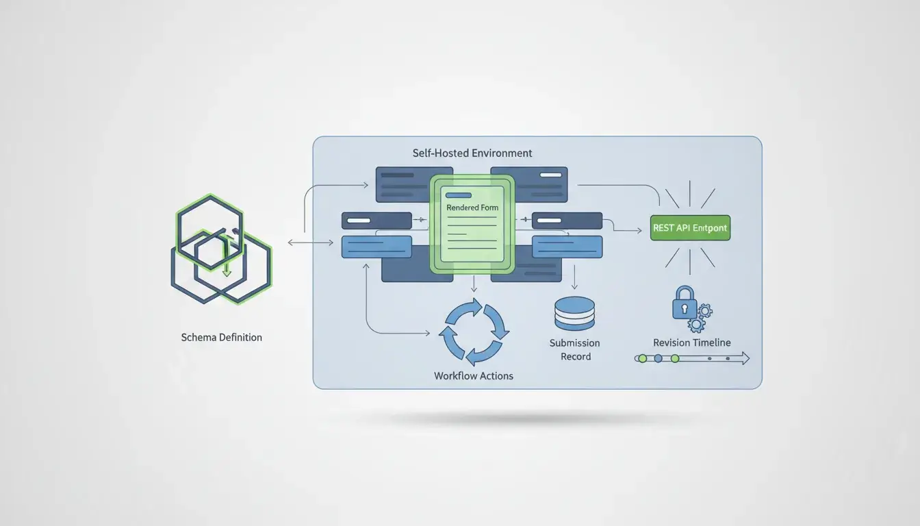 Form.io schema-driven form infrastructure connecting forms, APIs, submissions, permissions, revisions, and workflows.